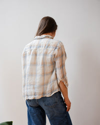 Aven 3/4 Sleeve Top in White, Blue, & Wheat Linen Plaid