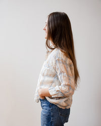 Aven 3/4 Sleeve Top in White, Blue, & Wheat Linen Plaid