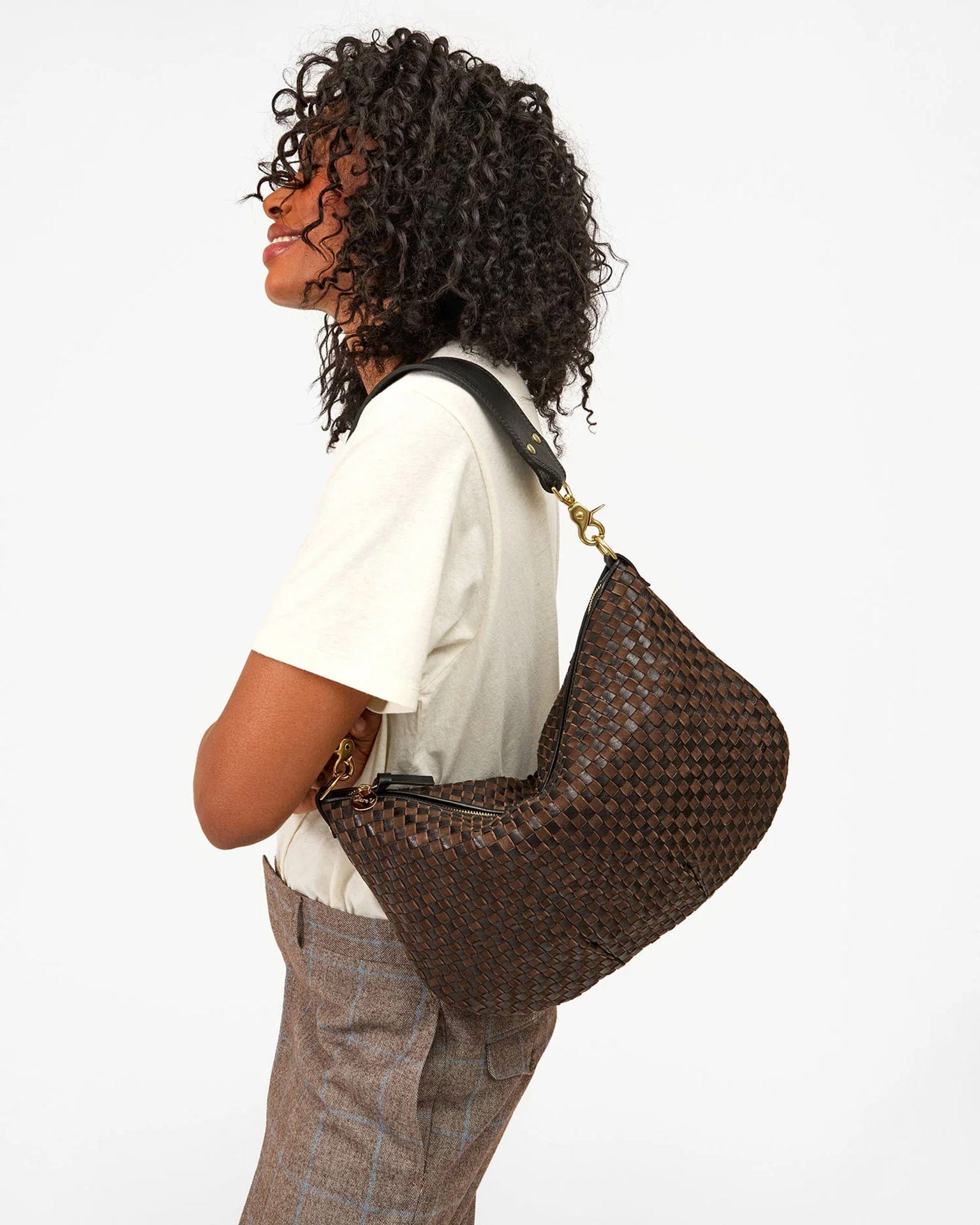 Clare V. Accessories Black/Chocolate Moyen Messenger - Leather & Suede Woven Checker in Black/Chocolate