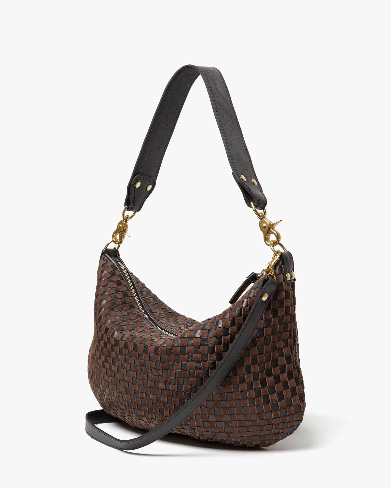Clare V. Accessories Black/Chocolate Moyen Messenger - Leather & Suede Woven Checker in Black/Chocolate