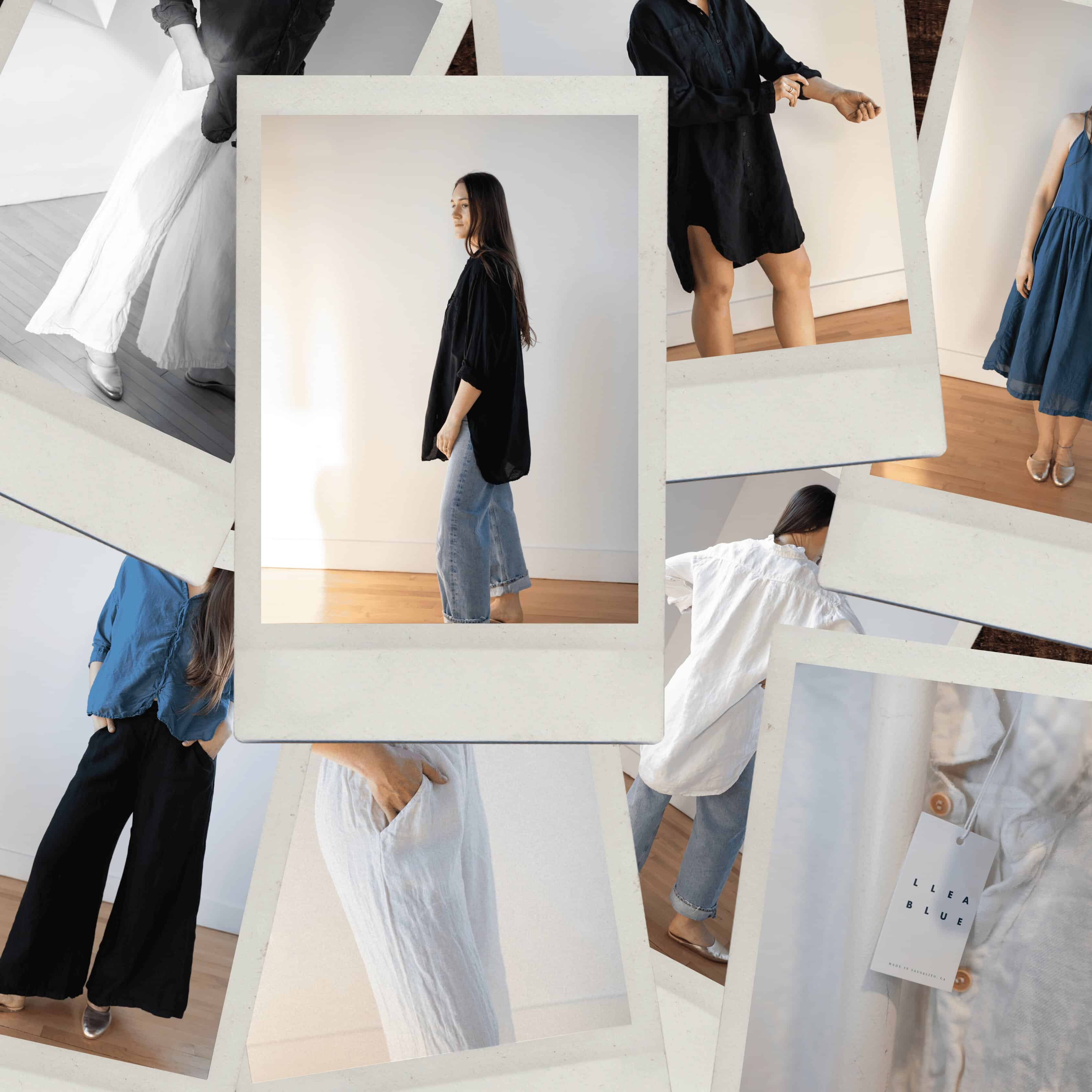 A collage of photos shows a woman modeling various minimalist, loose-fitting outfits in neutral and blue tones, including dresses and wide-leg pants, with a focus on relaxed, modern fashion styles.