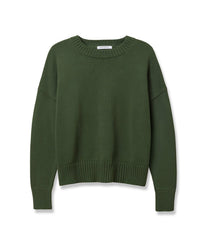 The perfectwhitetee Janet Cotton Sweater in Fern Green is a slouchy, boxy sweater with long sleeves, a crew neck, and ribbed cuffs, hem, and neckline, shown laid flat on a white background.