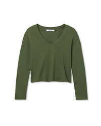 The perfectwhitetee Fiona Long Sleeve Recycled V Neck in Fern Green features a cropped fit and v neckline, crafted from recycled cotton, and is shown against a white background.