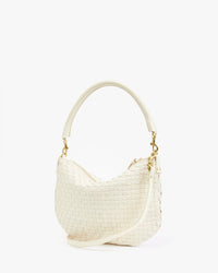 The Clare V. Petit Moyen Messenger - Woven Checker in Cream features gold-tone hardware, a curved handle, and a detachable shoulder strap, shown on a plain white background.
