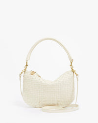 The Clare V. Petit Moyen Messenger - Woven Checker in Cream features gold hardware, a short handle, and a detachable long strap, shown against a plain white background.