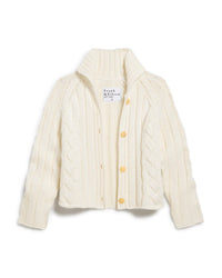 The Mini Cardigan in Ivory by Frank & Eileen is a cream-colored, cropped cable knit sweater with a high ribbed collar and four tan buttons, shown flat and partially open. The inner label displays: Frank & Eileen EST 1947.