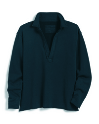 The Patrick Popover Henley in Vintage Navy Terry by Frank & Eileen is a long sleeve French terry top with a wide open collar, shown flat on a white background. The soft fabric and casually bent sleeve give it an effortless, relaxed look.