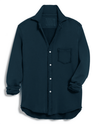 The Frank & Eileen Eileen Relaxed Button Up in Vintage Navy Terry features long sleeves, a chest pocket, exposed seams, and rolled cuffs. Crafted in soft terry fabric and shown laid flat on a white background.