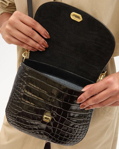 Clare V. Turnlock Louis w/ Top Handle - Croco in Black - Bliss