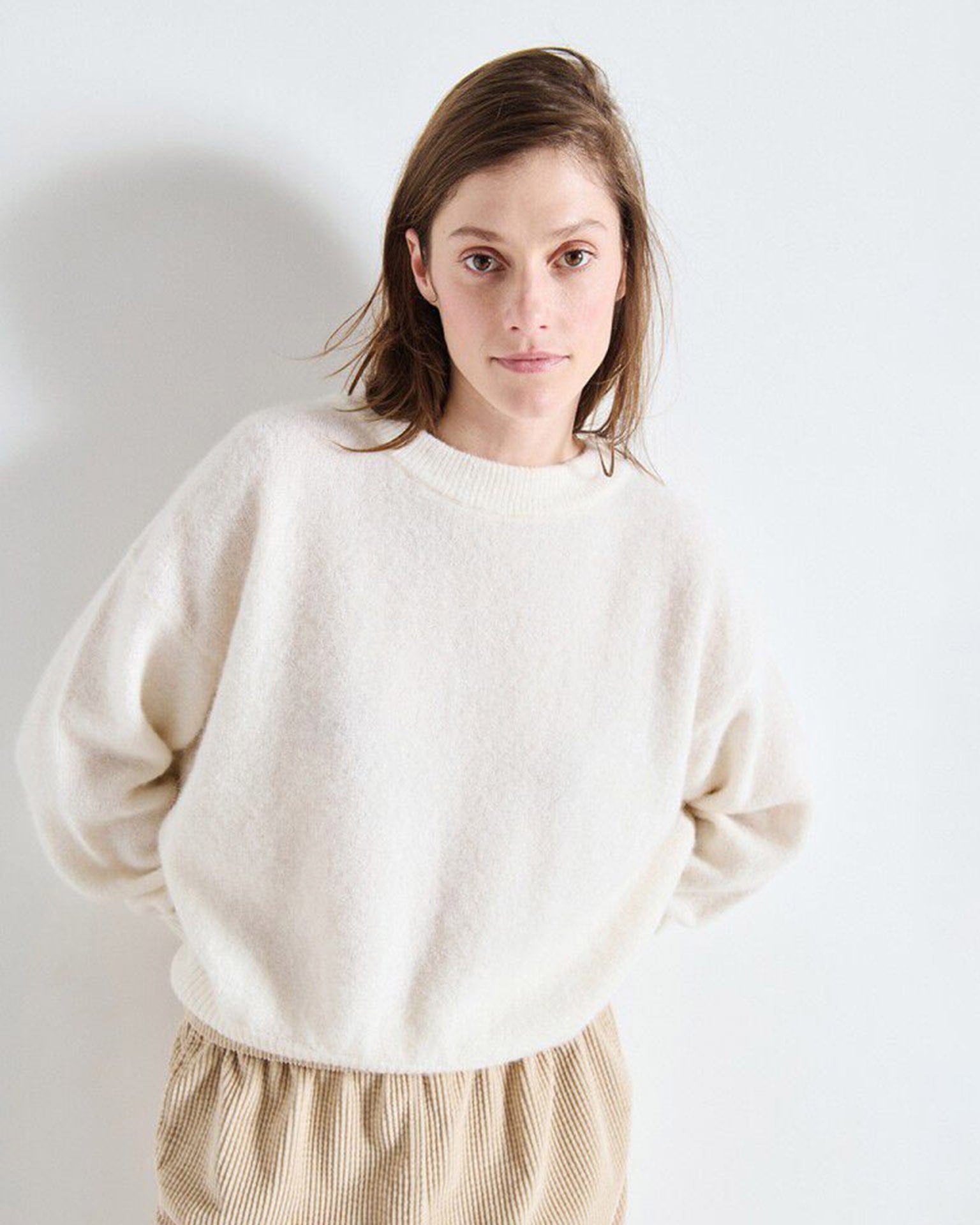 Vito Crewneck Sweater w/ Cuff Slv in Blanc