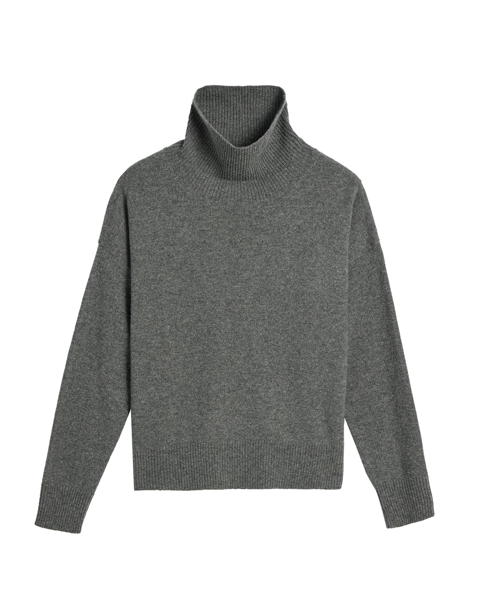 The Demylee Gianna Cashmere Turtleneck in Dark Heather Grey features long sleeves and ribbed cuffs, hem, and neck. Laid flat on a white background, it highlights its relaxed fit.