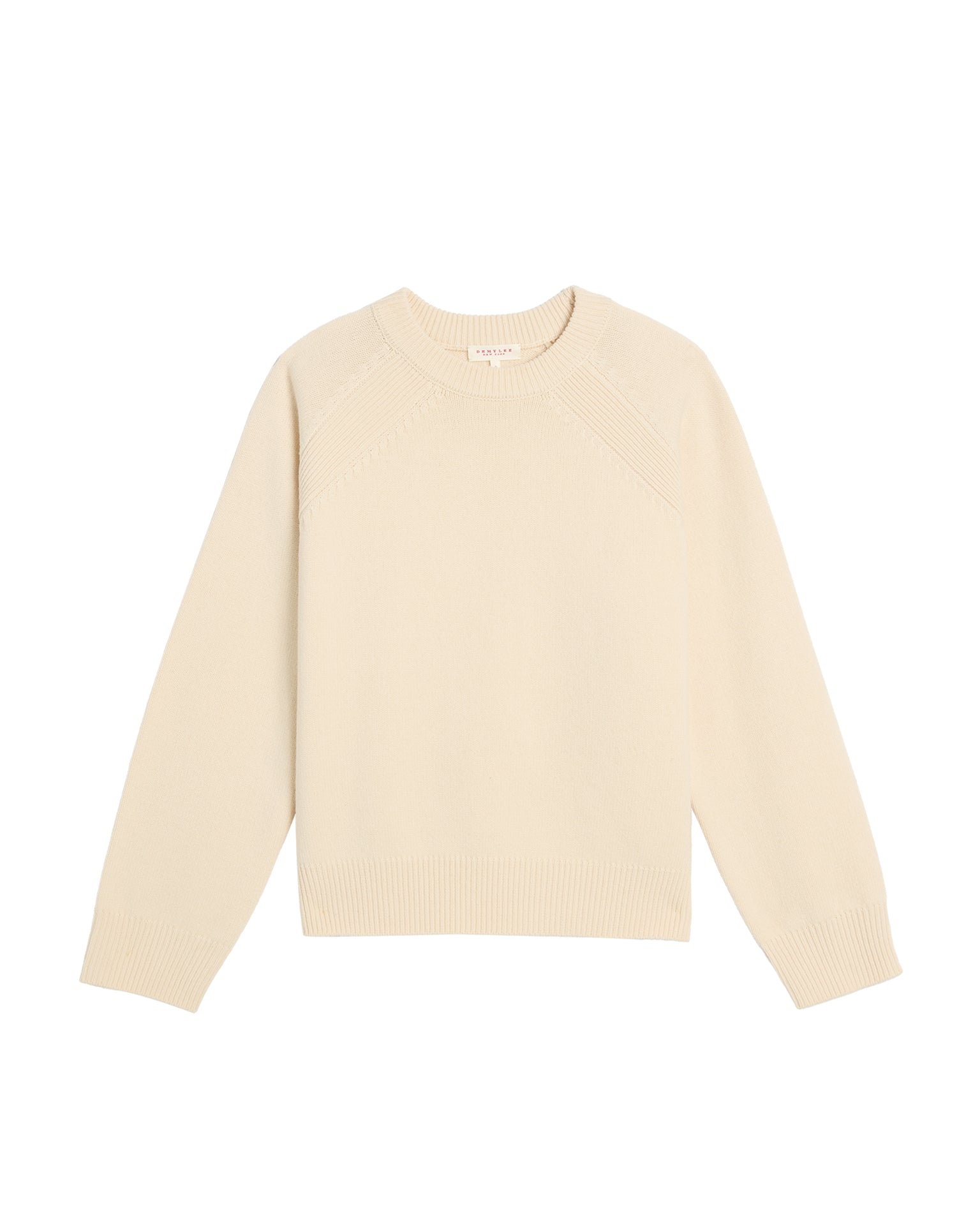 The Demylee Briella Merino Wool Sweater in Off White is a cream-colored, long-sleeve ribbed knit pullover with a crew neckline and ribbed cuffs, hem, and collar, shown laid flat on a white background.