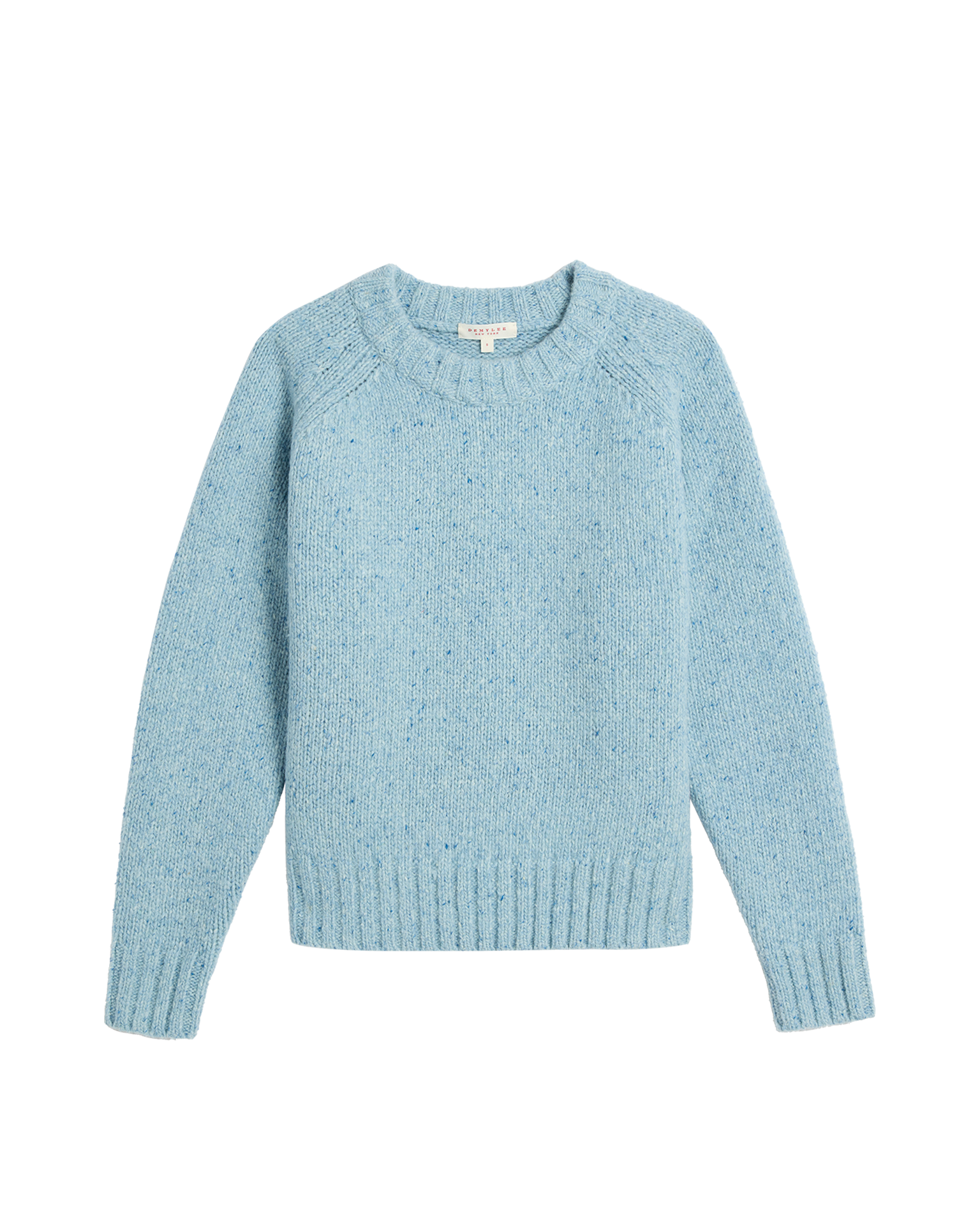 Demylee Emberly Speckled Wool Sweater in Sky, featuring a crew neckline, long sleeves, and ribbed cuffs and hem, shown laid flat on a white background.