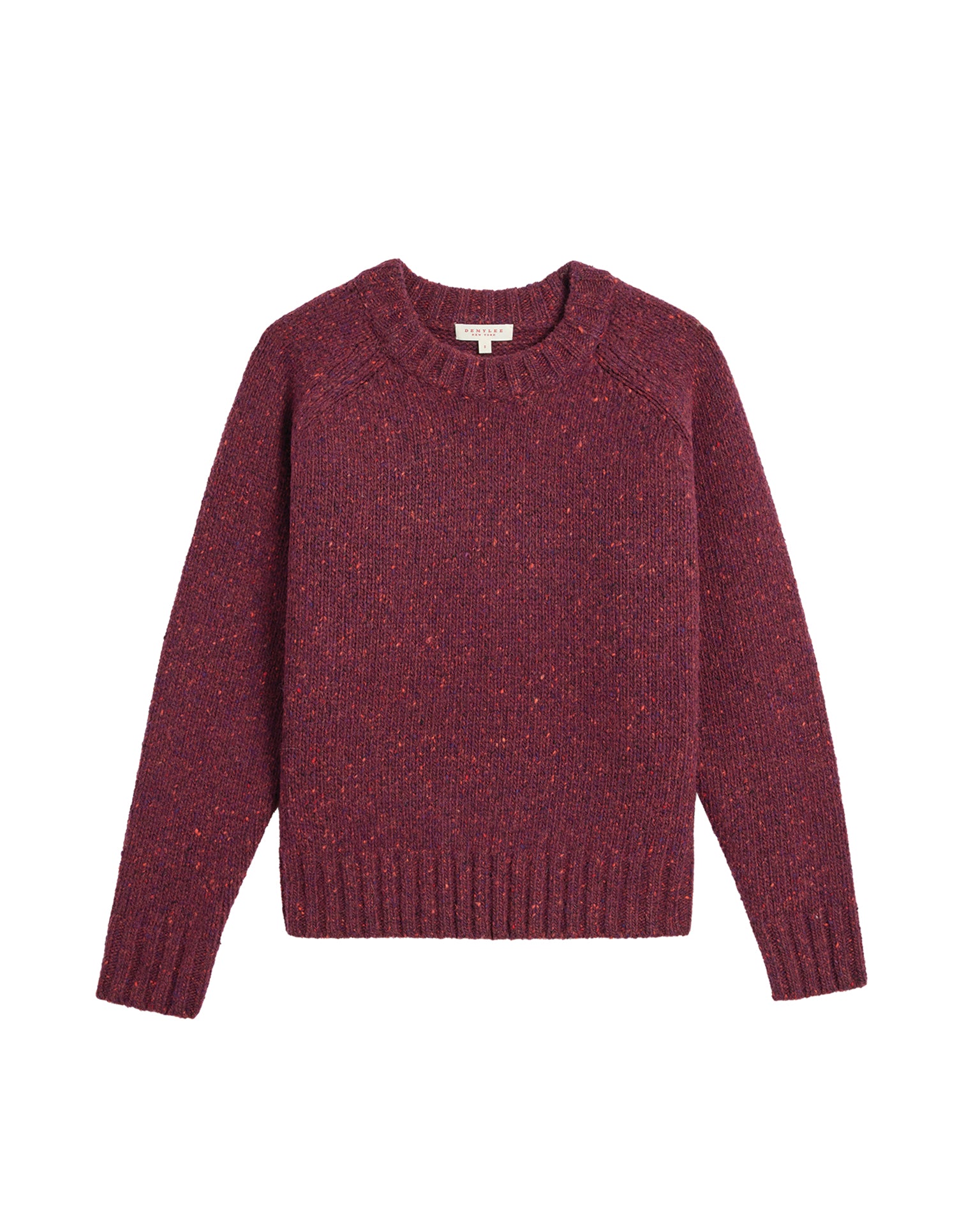 The Demylee Emberly Speckled Wool Sweater in Aubergine features long sleeves and a relaxed crew neckline, shown here laid flat on a white background.