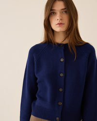 A woman with long brown hair wears the Demylee Frances Merino Wool Cardigan in Sapphire, featuring a crewneck and long sleeves, standing against a plain light beige background and looking directly at the camera.