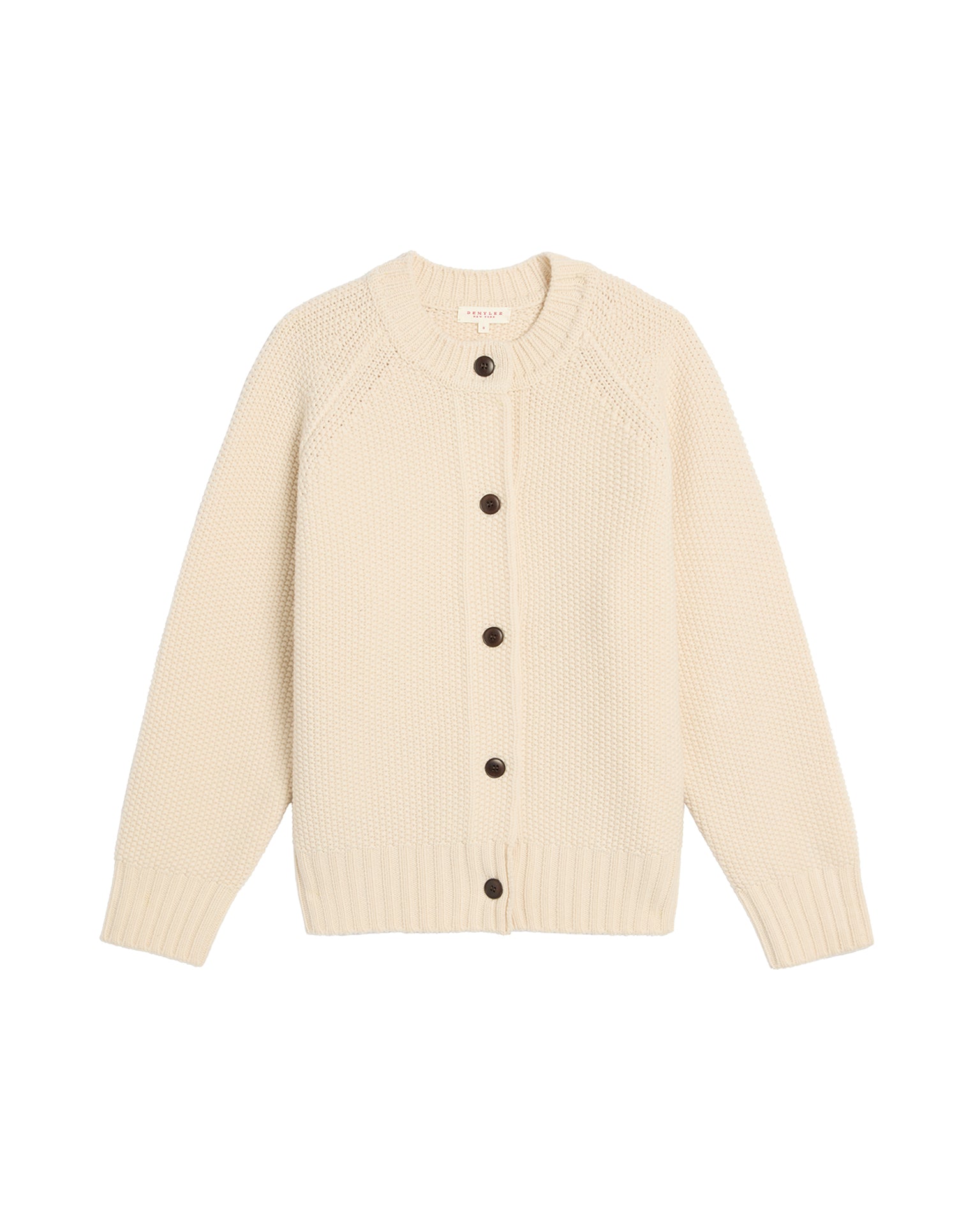 The Demylee Davi Merino Wool Cardigan in Off White features long sleeves, a round neckline, and five dark front buttons.