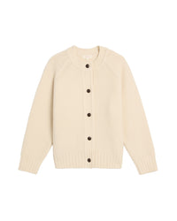 The Demylee Davi Merino Wool Cardigan in Off White features long sleeves, a round neckline, and five dark front buttons.