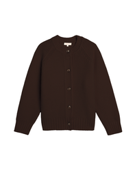 The Demylee Davi Merino Wool Cardigan in Espresso features long sleeves, a round neckline, ribbed cuffs and hem, and five front buttons. The dark brown sweater is laid flat on a white background.