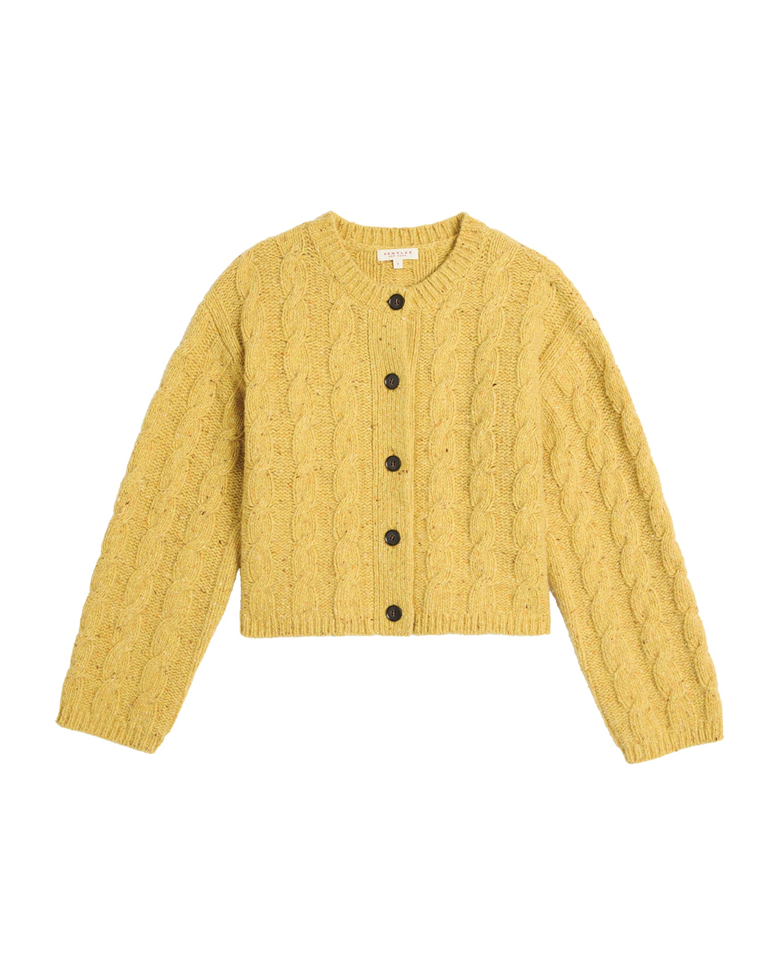 The Demylee Kinsley Speckled Wool Cardigan in Corn features long sleeves, a round neckline, cable knit design, and five dark front buttons.