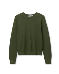 The Alexi French Terry Sweatshirt in Fern Green by perfectwhitetee is a plain, long-sleeve crew neck with ribbed cuffs, hem, and neckline for comfort. Shown flat on a white background.