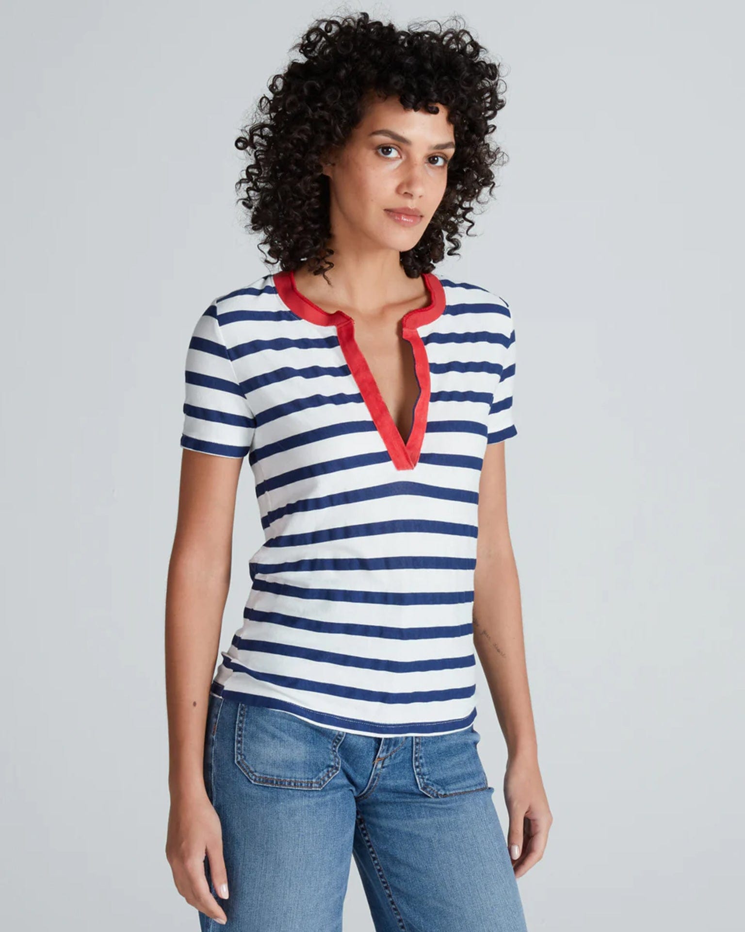ASKK NY Classic Henley in Navy Thin Stripe