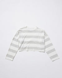 The Cropped Long Sleeve Tee in Grey Thick Stripe by ASKK NY is a 100% cotton crop top with grey thick horizontal stripes, shown laid flat on a white background.