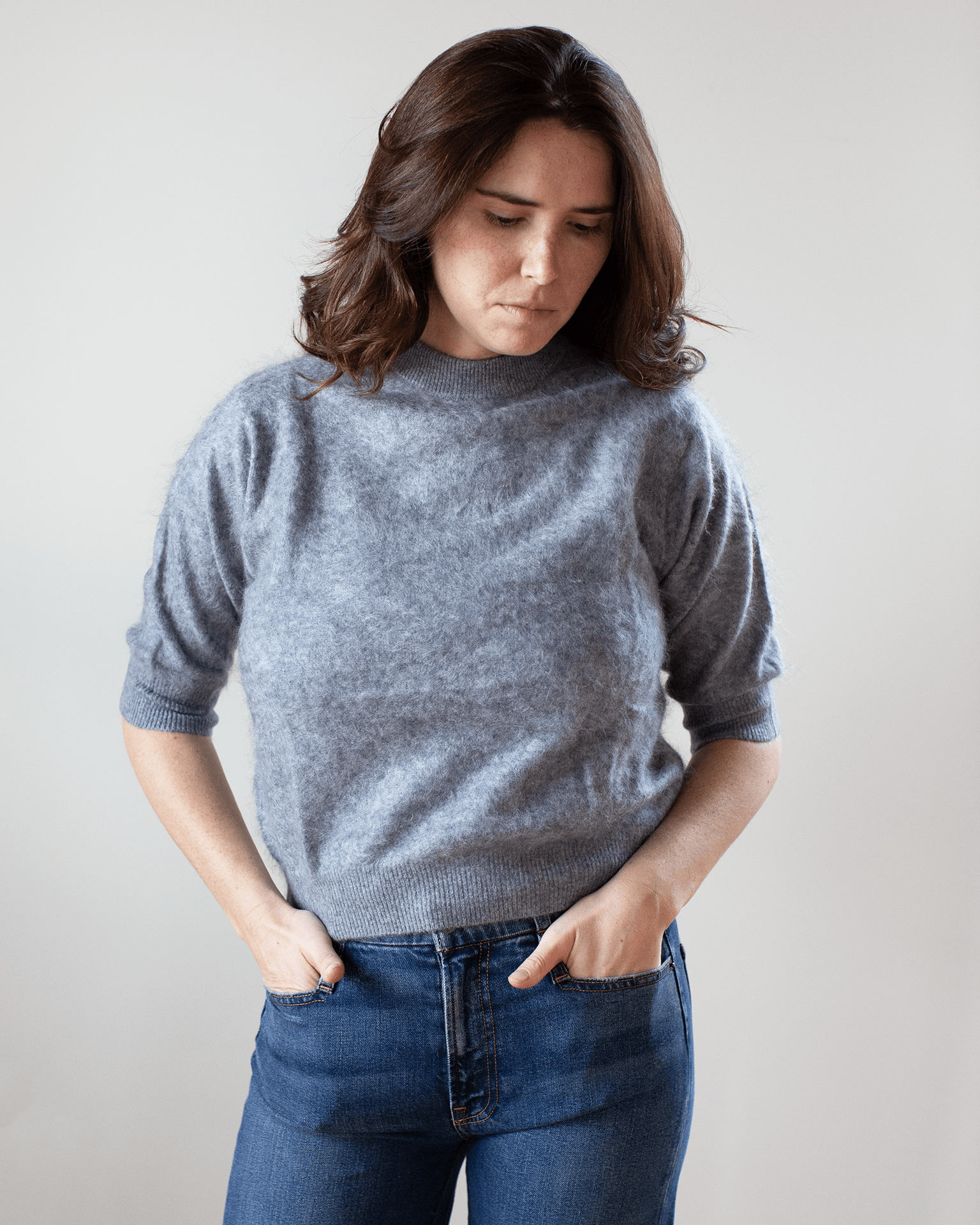 Autumn Cashmere Brushed Elbow Sleeve Boxy Crew in Feather