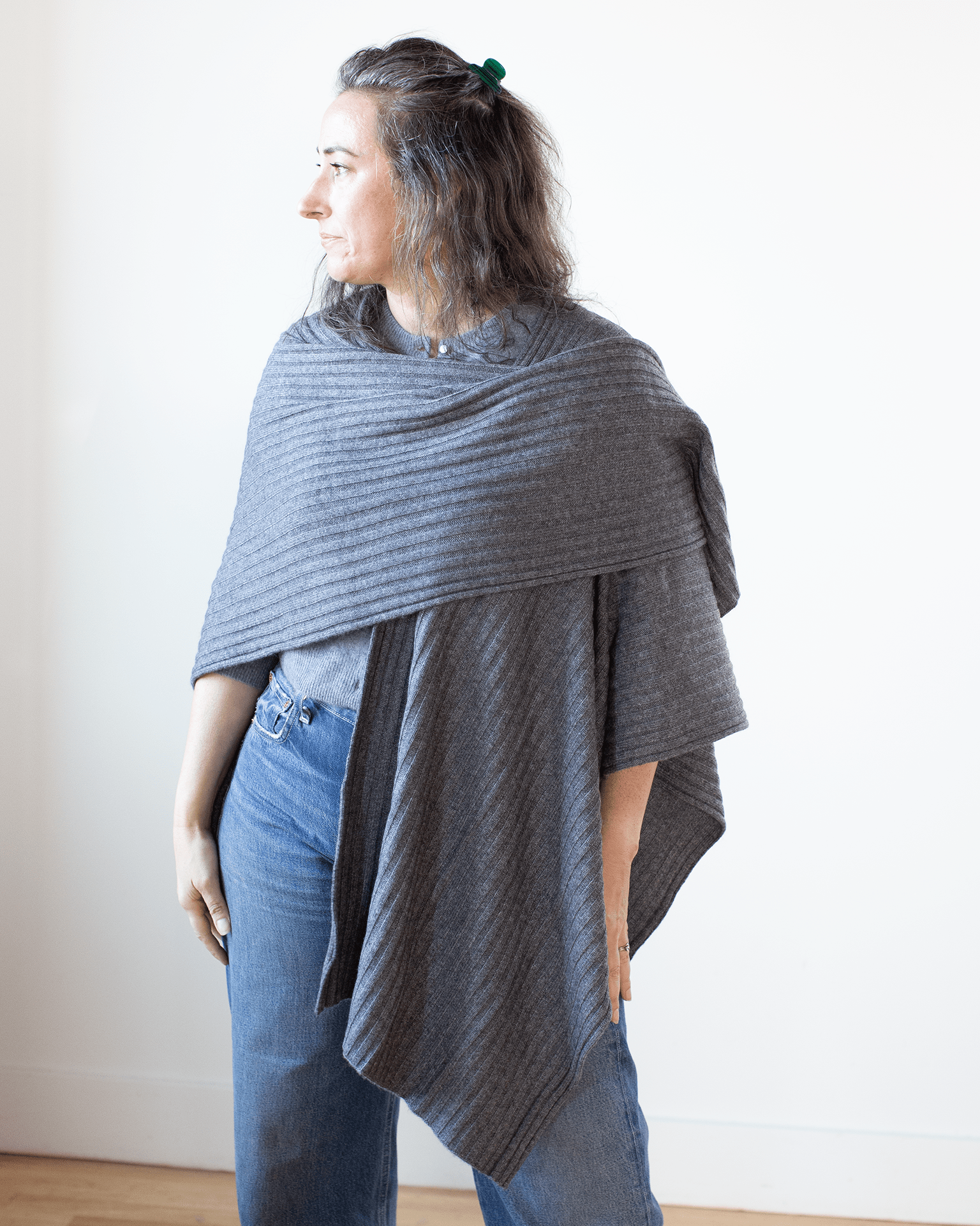 Autumn Cashmere Rib Drape Poncho in Flannel