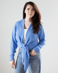 Autumn Cashmere Tie Front Rib Cardigan in Cielo