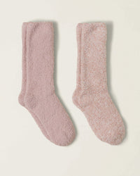 A set of CC 2 Pair Socks in Dusty Rose Multi by Barefoot Dreams, soft and fluffy, laid flat on a white surface.