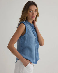 Bella Dahl Roll Sleeve w/ Tabs Button Up Top in Amalfi Marine