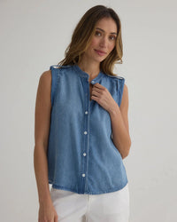 Bella Dahl Roll Sleeve w/ Tabs Button Up Top in Amalfi Marine
