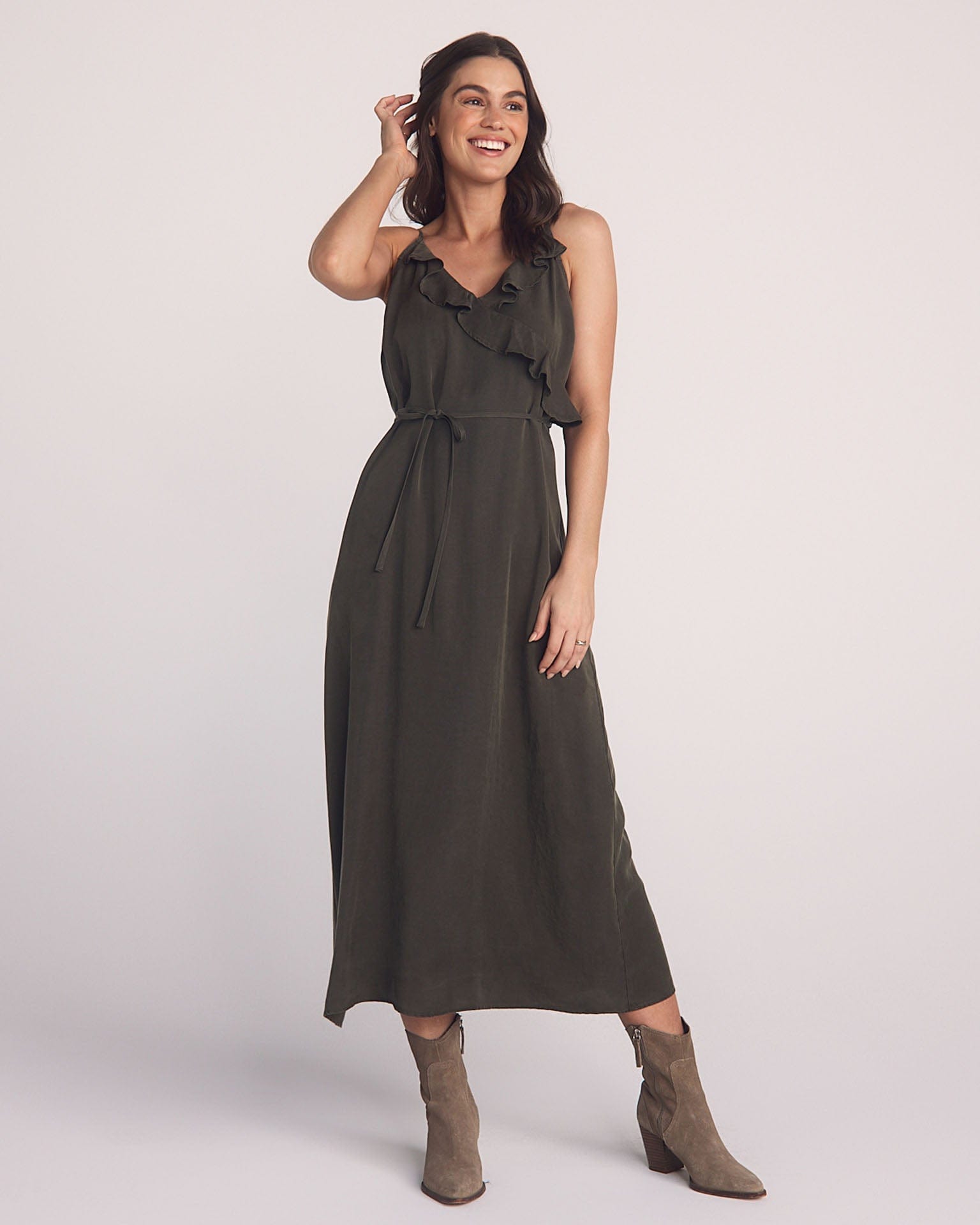 Bella Dahl Ruffle Cami Midi Dress in Forest Army