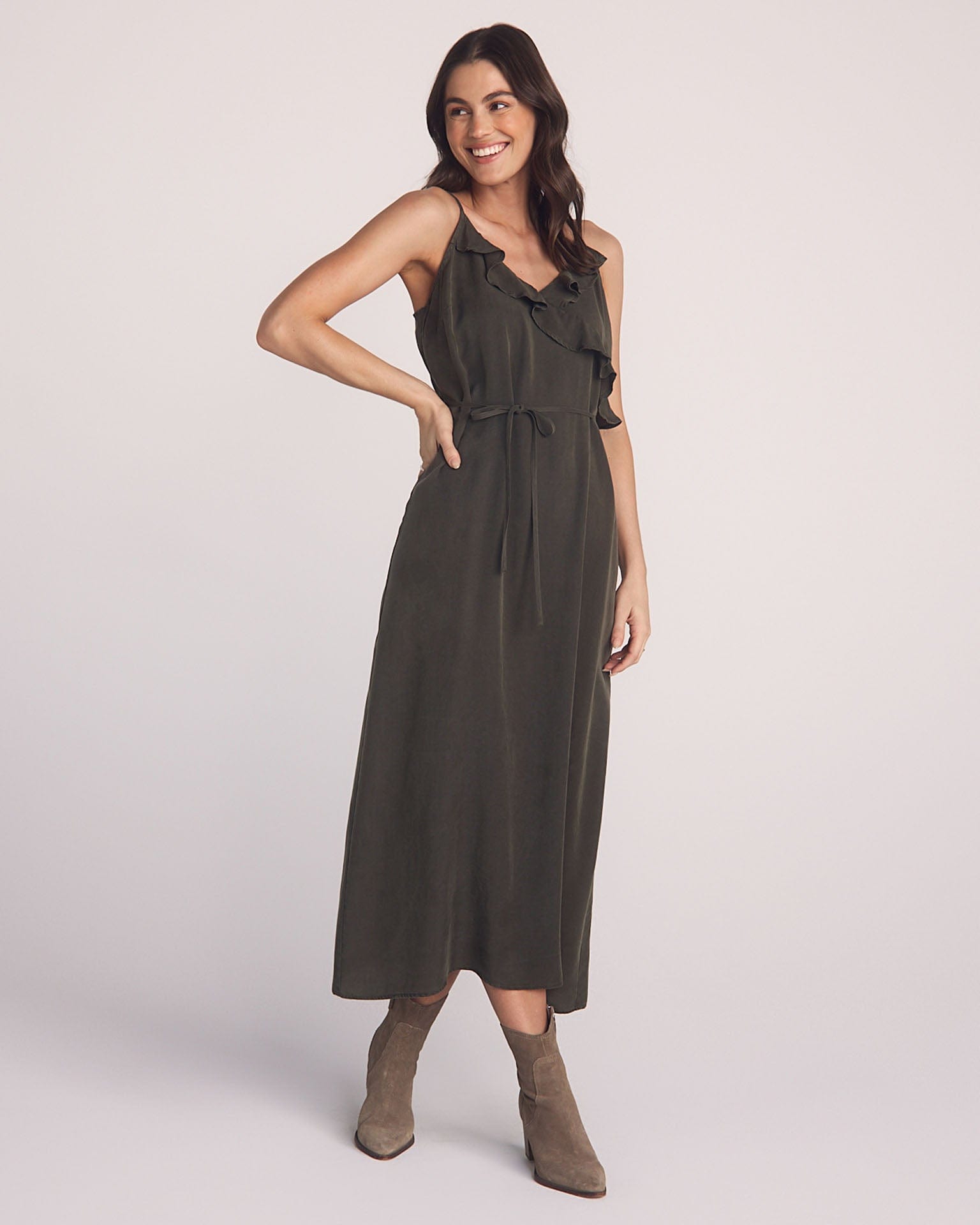 Bella Dahl Ruffle Cami Midi Dress in Forest Army