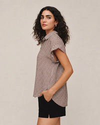 Bella Dahl Short Roll Sleeve Shirt in Brown Micro Gingham 2 - Bliss Boutiques