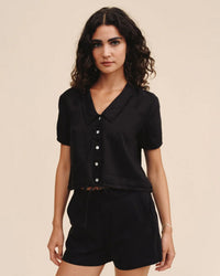 Bella Dahl Short Sleeve Puritan Collar Shirt in Black 1 - Bliss Boutiques