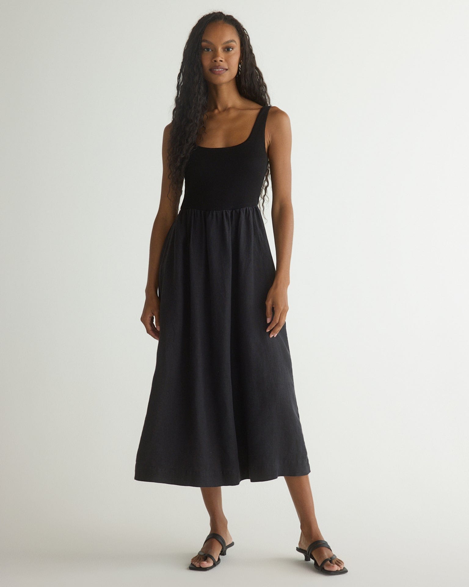 sleeveless black midi dress Bella Dahl Sleeveless Knit Combo Dress in Black