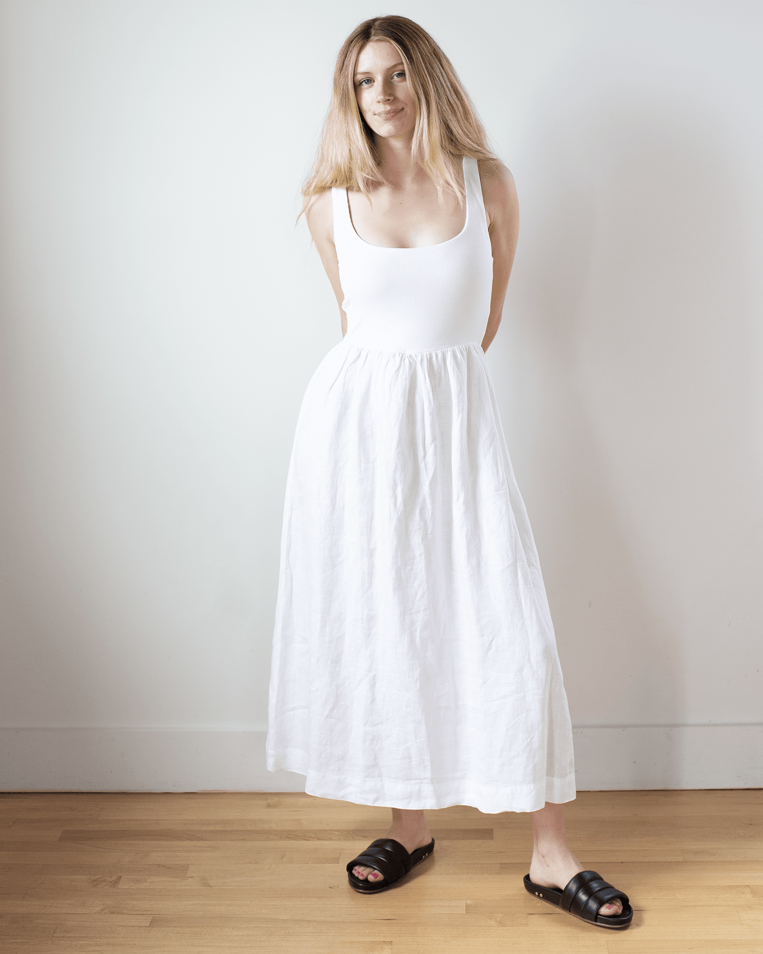 Sleeveless Knit Combo Dress in White Sleeveless Knit Combo Dress in White