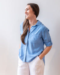 Bella Dahl Split Back Button Down in Tidal Blue 1 - Bliss Boutiques