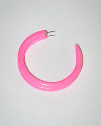 The B&L C Hoop in Large in Runaway Bunny is a chunky, bright pink mango wood earring with a smooth glossy finish and a 14k gold-filled post, combining bold style and quality materials, shown against a plain white background.