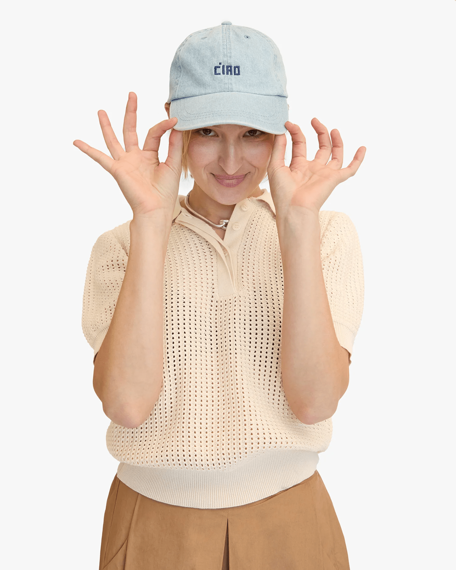 Clare V. Emb Petit Block Ciao Baseball Hat in Light Denim w/ Navy