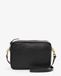 The Clare V. Midi Sac in Black Napetto, a small rectangular crossbody bag with gold hardware and a long strap, crafted from Italian leather, is displayed against a plain white background.
