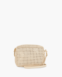 The Clare V. Midi Sac - Rattan in Cream is a small, rectangular crossbody bag with a long adjustable strap, gold hardware, and an open weave front, shown beautifully against a plain white background.