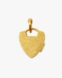 The Clare V. Padlock Locket in Vintage Gold features a heart-shaped charm with side clasp and "Chay Y." engraving, displayed on a white background—an ideal addition to your favorite charm necklace.