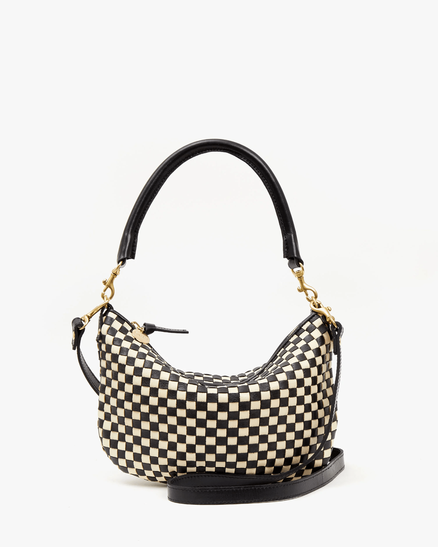 Clare V. Woven Checker Petit Moyen Messenger in Black & Cream