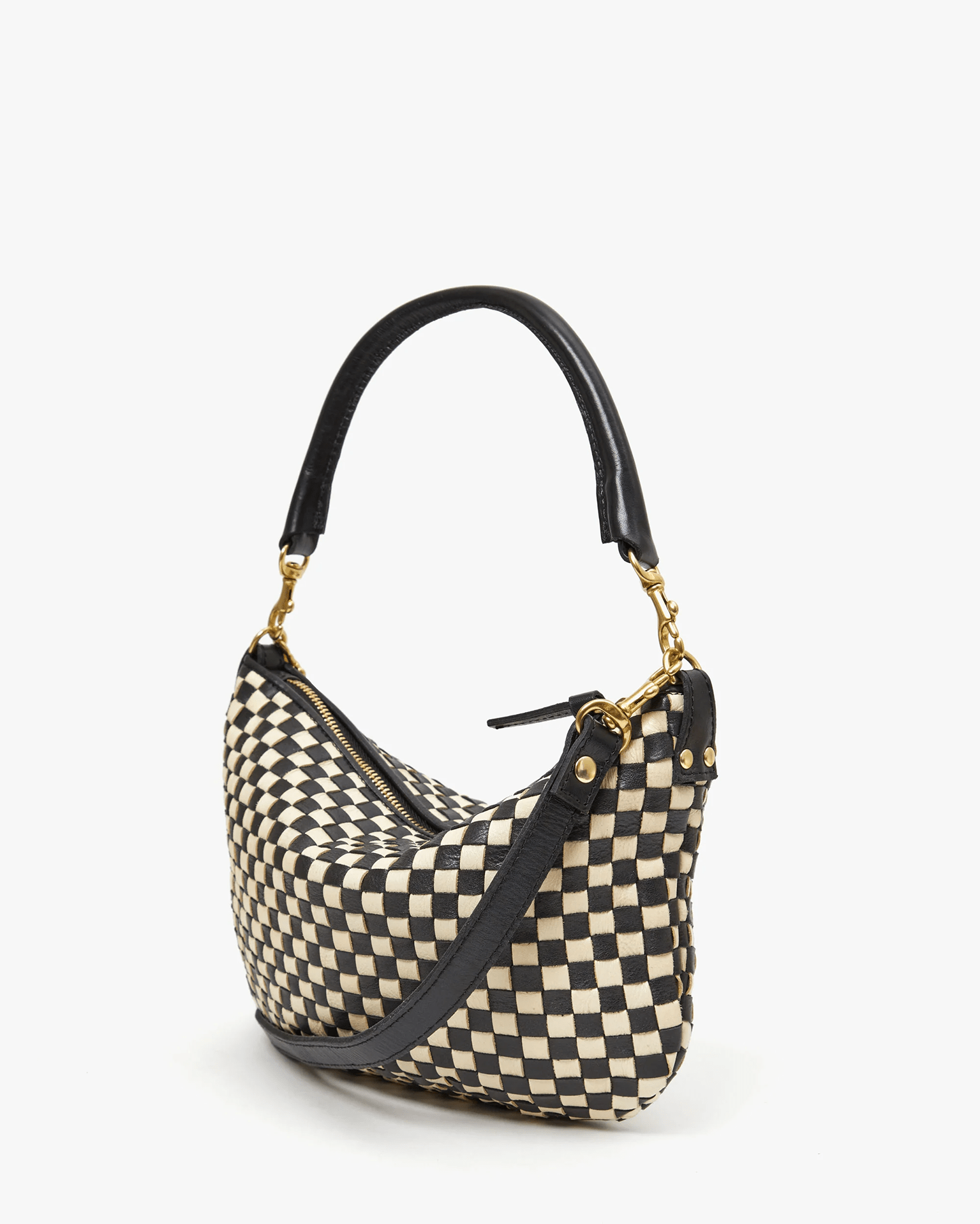 Clare V. Woven Checker Petit Moyen Messenger in Black & Cream