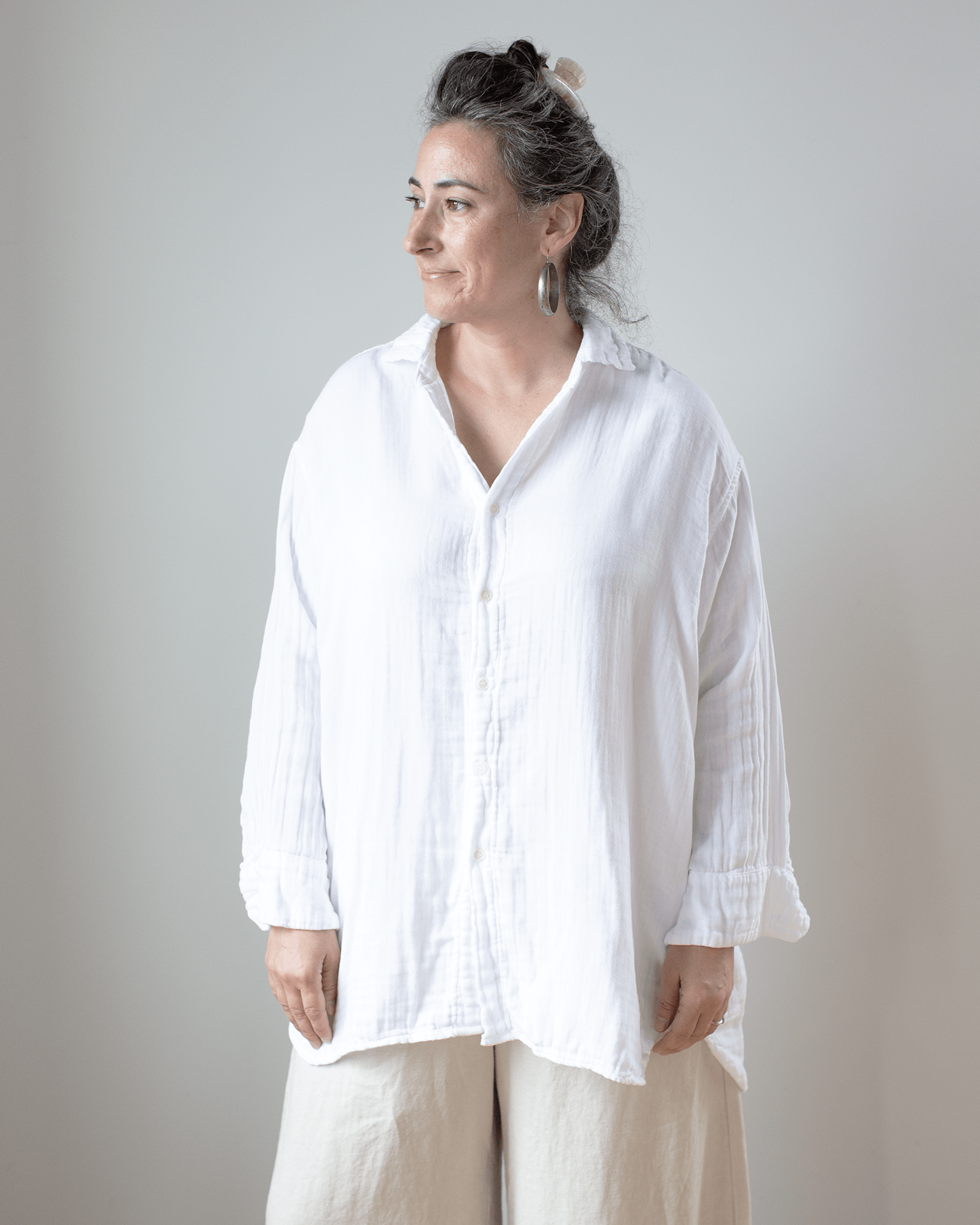 Jane Oversized Button Down w/o Pkts - Dbl Cttn Gauze in White