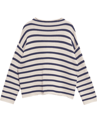 The Demylee Lamis Stripe Sweater in Natural/Navy is a long-sleeved, loose-fit sweater featuring horizontal navy and cream stripes, shown flat on a white background.