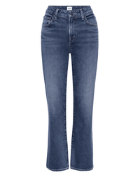 The Edwin Lark Ankle in Geary are blue high-waisted, straight-leg jeans with front and back pockets, a button-zip closure, and subtle thigh fading.