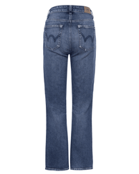 Back view of Edwin Lark Ankle in Geary jeans featuring straight legs, two back pockets with stitched designs, and a tan leather patch on the waistband.